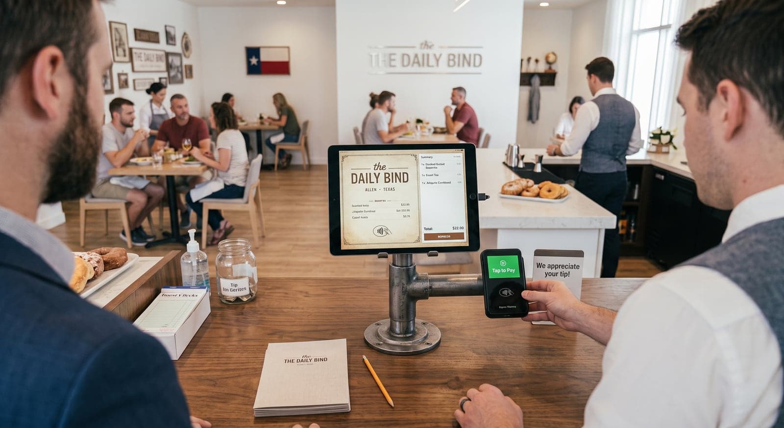 A tablet running Opero on a restaurant counter beside a card payment device