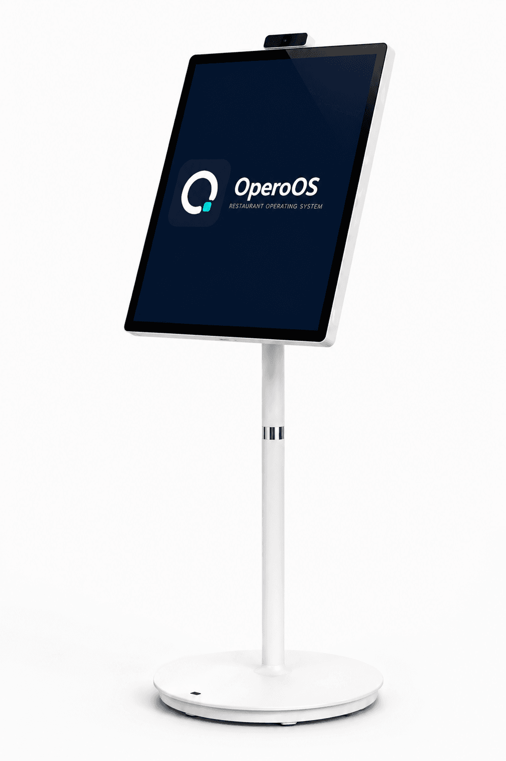 The Opero self-order kiosk: a portrait touchscreen on a white floor stand, showing the OperoOS start screen